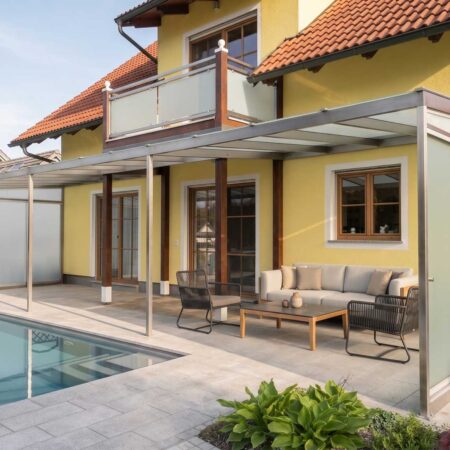 Großflächige Terrassenüberdachung mit Schiebewänden